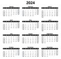 2024 english calendar, vertical. Week starts sunday. Printable vector illustration