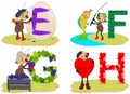 English children alphabet E, F, G, H. Egg, fish, grapes, heart funny cute ant insect helps to learn English letters