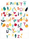 English children`s alphabet with cartoon pictures on the theme of fruit, vegetables, animals.