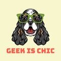 English Cocker Spaniel geek. Dog in smart glasses. Geek is chic text. Vector illustration.