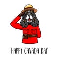 English cocker spaniel. Royal Canadian Mounted Police. Happy Canada day greeting card design. Vector.