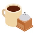 English coffee icon isometric vector. Cup of coffe and manual coffee grinder