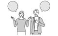 English conversation, Japanese woman speaking English with a white man, with speech balloon Royalty Free Stock Photo