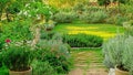 English cottage garden on green grass lawn backyard, infomal landscape decorate with roses, rosemary herb, lavender, flower pots