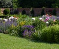 English cottage garden with lawn in foreground, lush flower bed and wall in background with copy space - image