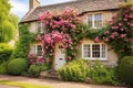 an english cottage-style house with lush rose bushes Royalty Free Stock Photo