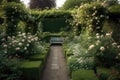 English Country Garden Delicate Roses, Manicured Hedges, Charming Garden Benches. Generative AI