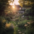 english country house, beautiful, a north london garden, illustration, Generative AI Royalty Free Stock Photo