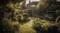 english country house,a north london garden, illustration, Generative AI Royalty Free Stock Photo
