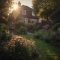 beautiful english country house, beautiful, a north london garden, illustration, Generative AI Royalty Free Stock Photo
