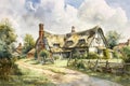 English country village in a rural landscape setting with an Elizabethan Tudor thatched cottage