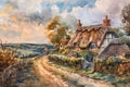 English country village in a rural landscape setting with an Elizabethan Tudor thatched cottage Royalty Free Stock Photo