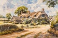 English country village in a rural landscape setting with an Elizabethan Tudor thatched cottage Royalty Free Stock Photo