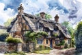 English country village in a rural landscape setting with an Elizabethan Tudor thatched cottage