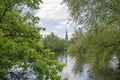 English countryside scene with pond ducks and Church Royalty Free Stock Photo