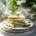 English cucumber sandwiches on beautiful vintage plates. Cold traditional tasty appetizer. AI generated picture