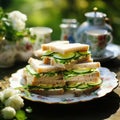 English cucumber sandwiches on beautiful vintage plates. Cold traditional tasty appetizer. AI generated picture