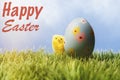 English easter greeting text; Blue easter egg and chicken Royalty Free Stock Photo