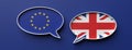 English and EU flag speech bubbles against blue background, banner. 3d illustration