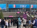 English supporters with England flags at Wembley stadium ahead of the match against Italy