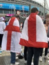 English supporters with England flags at Wembley stadium ahead of the match against Italy