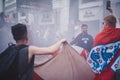 English fans waving flags at Leicester Square before the final Euro 2020 Football game