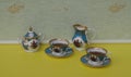Tea for two, english teacups with saucers, sugar bowl and cream jug, fine bone china porcelain Royalty Free Stock Photo