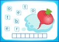 School education. English flashcard for learning English. We write the names of vegetables and fruits. Words is a puzzle game for