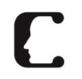 English font upper case letter C c Logo logotype - human faces of cyborg robots, for computer theme, science etc, retro