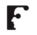 English font upper case letter F f Logo logotype - human faces of cyborg robots, for computer theme, science etc, retro