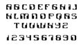 English font upper case letters. Logo - human faces of cyborg robots, for computer theme, science etc, retro style.