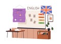 English foreign language class. Empty grammar classroom of elementary school. Study room interior with British flag Royalty Free Stock Photo