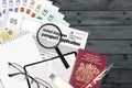 English form OS United Kingdom passport application from HM passport office lies on table with office items. UK passport paperwork