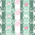 English garden roses and stripes on lattice seamless pattern print. Vector Royalty Free Stock Photo