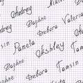 English girls, boys names, vector seamless pattern on the checkered school paper. Classmates names.
