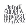 English hand drawn abc from a to z. Capital font made with nib and serif, decorated hatch alphabet, painted freehand. Isolated on