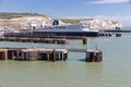 English harbor of Dover with ferry and jetty Royalty Free Stock Photo