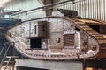 English tank of the first world war, in the factory workshop for restoration