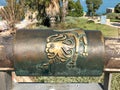 English and Hebrew leo metal astrological sign on Wishing Bridge in Old City of Yaffa Israel