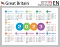 English horizontal pocket calendar for 2023. Week starts Monday