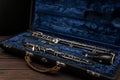 English horn or oboe in a case on a wooden surface Royalty Free Stock Photo