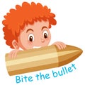 English idiom with picture description for bite on bullet on white background