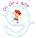 English idiom with picture description for on cloud nine on white background Royalty Free Stock Photo