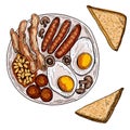 English or Irish breakfast fried eggs, sausages, bacon, beans, toasts. Hand drawn vector illustration. Isolated on white Royalty Free Stock Photo