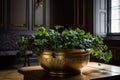 English Ivy With Trailing, Green Leaves In A Classic And Elegant Brass Planter In A Sophisticated Apartment. Generative AI