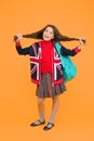 English kid backpack. British education program. Learn foreign language. Little girl wear school uniform. Primary