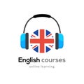 English language learning logo icon with headphones. Creative english class fluent concept speak test and grammar