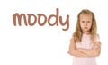 English language learning vocabulary school card with word moody and sweet young schoolgirl Royalty Free Stock Photo