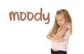 English language learning vocabulary school card with word moody and sweet young schoolgirl Royalty Free Stock Photo