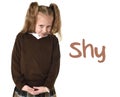 English language learning vocabulary school card with word sad and young sweet little schoolgirl Royalty Free Stock Photo